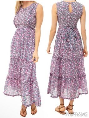 Tuckernuck Banjanan Isha Tiered Maxi Dress Wild Rose Floral Pink Green Medium